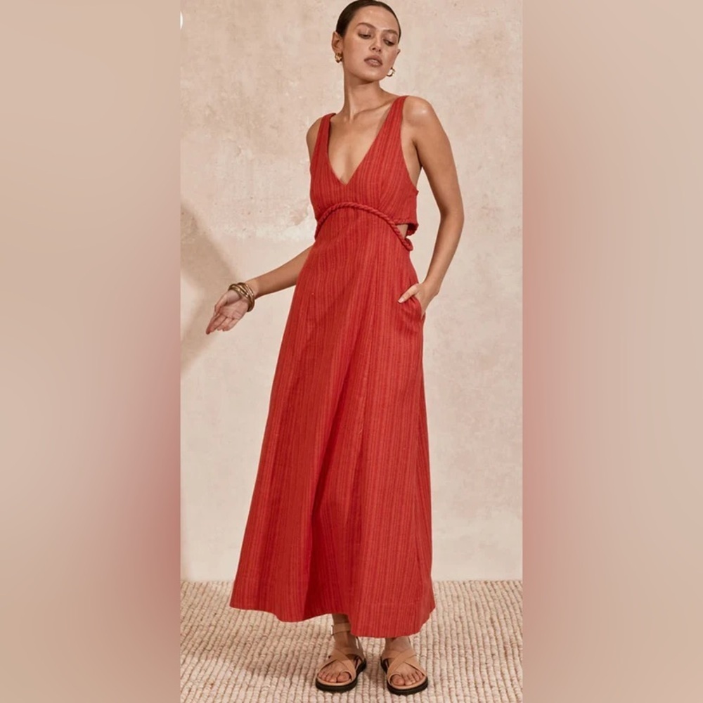 Mon Renn Celine Linen V Neck Midi Dress Magenta Orange with A line Skirt NWT